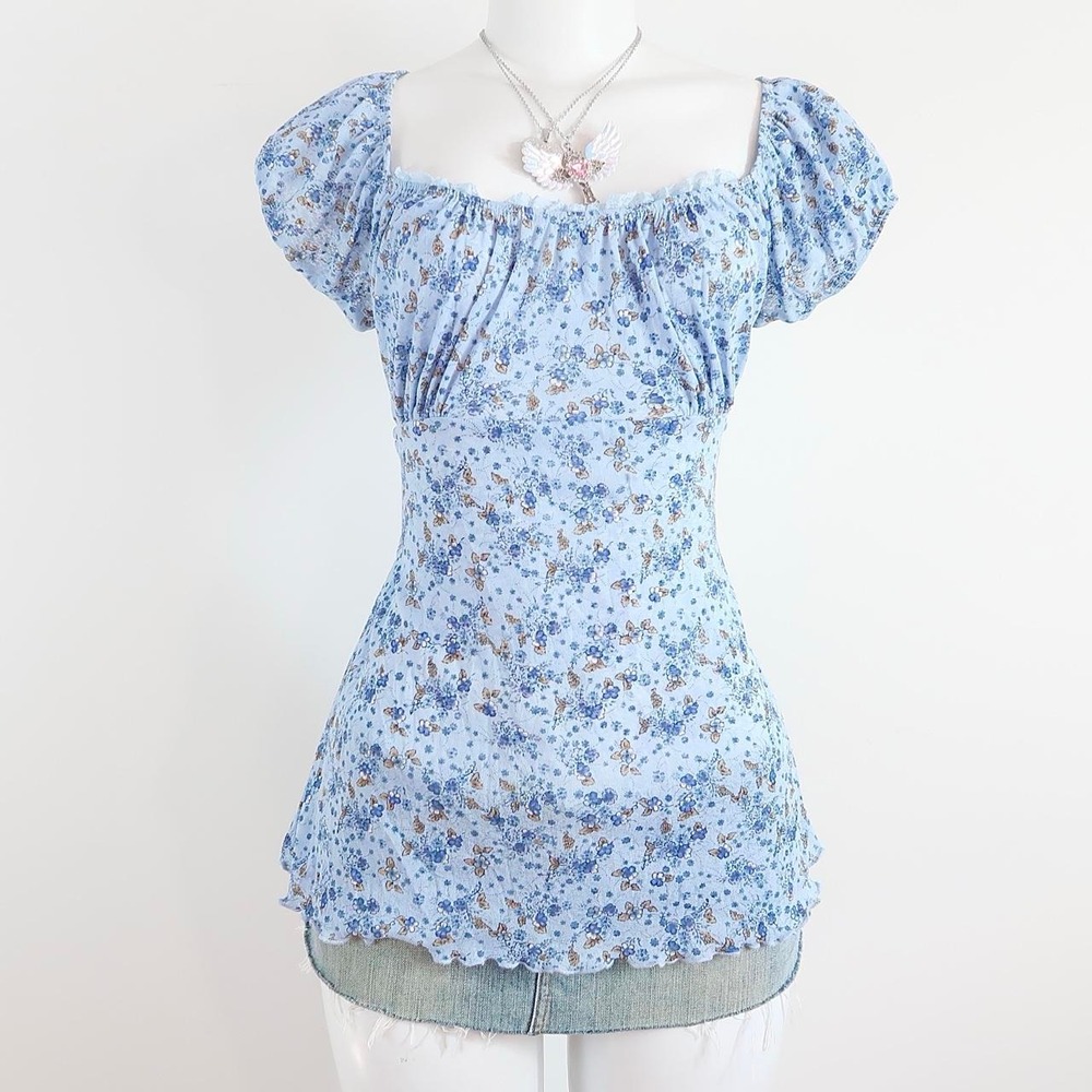blue floral babydoll top | y2k fairycore puff sleeve blouse